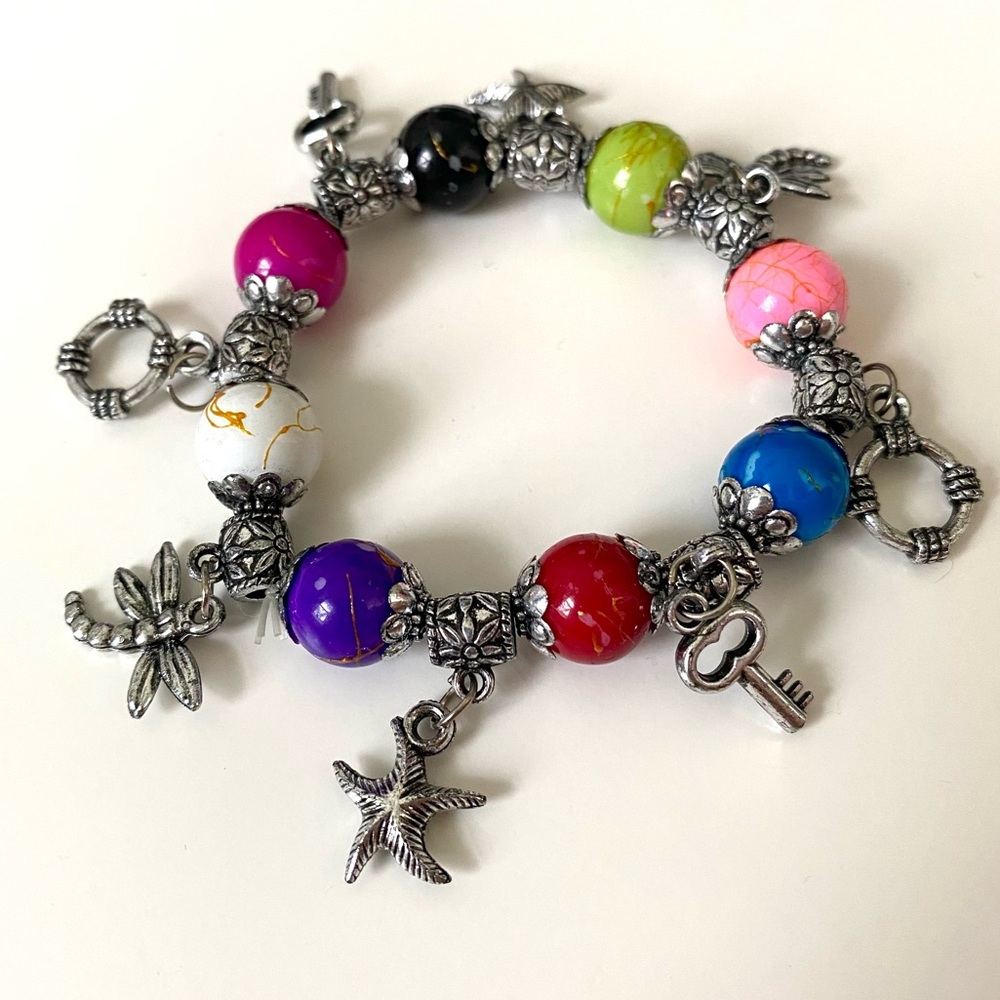 LAST CHANCE SALE! Multicolor Beaded Starfish Key Dragonfly Charm Bracelet Gift